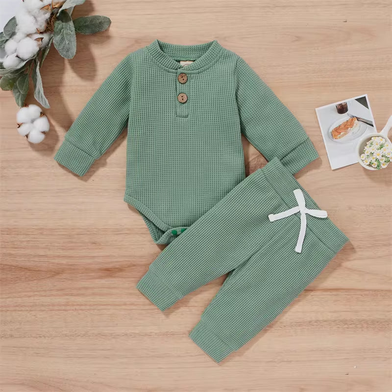 Solid Color Newborn Baby Knitted Warm 2Pcs Suit Toddler Girl Boy Long Sleeve Romper Tops Pants Fall Winter Homewear 2021