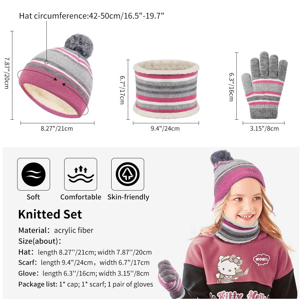 3 Pieces Kids Winter Hat Winter Scarf Winter Gloves Set, Knit Beanie Hat Scarf Gloves Set for Boys Girls, Winter Warm Knitted Set with Fleece Lining for Autumn, Winter, Pink