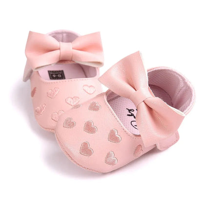 Baby Shoes Classic Dress Cute Bow-Knot Heart Anti-Slip Soft Sole First Walkers Infant Baby Girls Toddler Shoes 0-18M