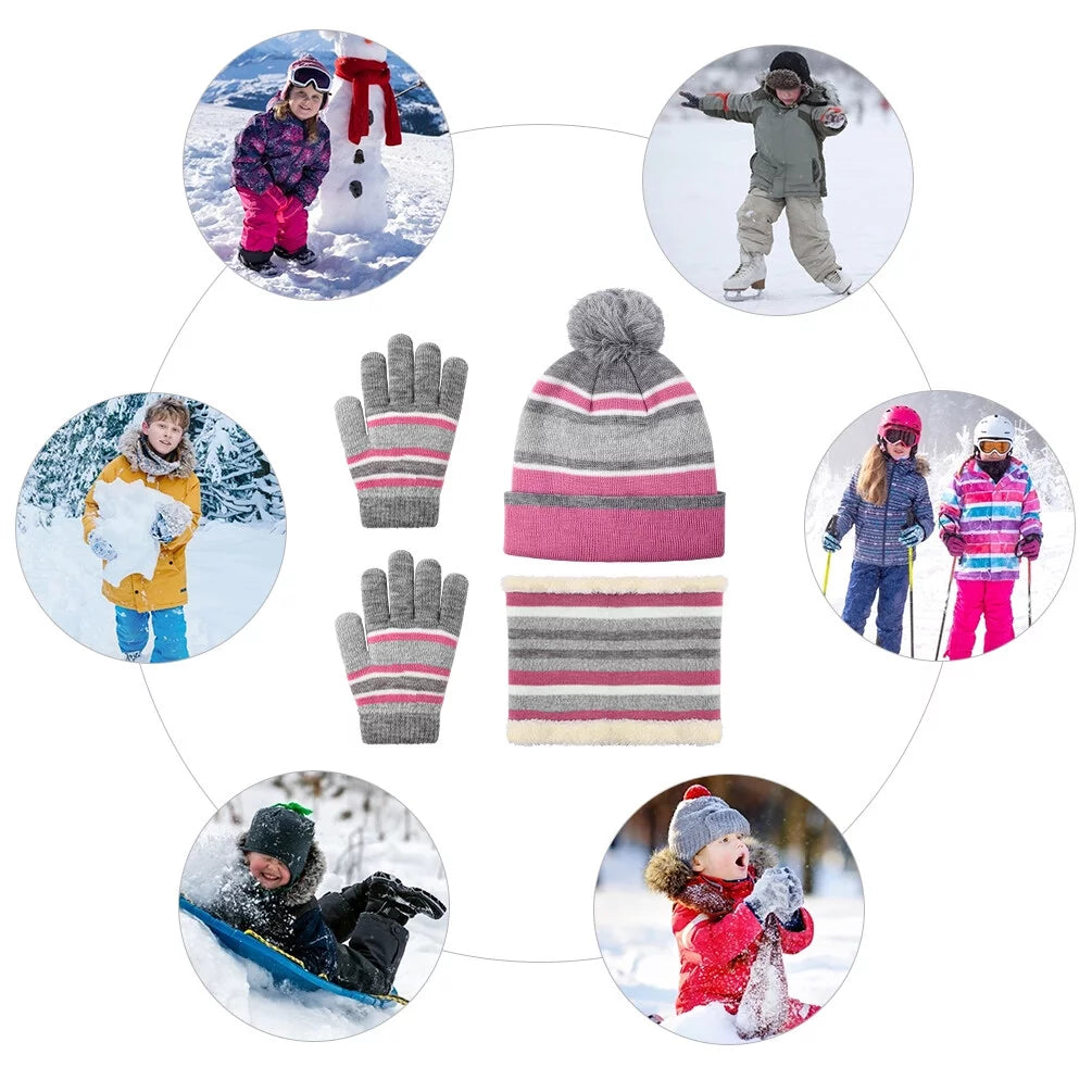 3 Pieces Kids Winter Hat Winter Scarf Winter Gloves Set, Knit Beanie Hat Scarf Gloves Set for Boys Girls, Winter Warm Knitted Set with Fleece Lining for Autumn, Winter, Pink