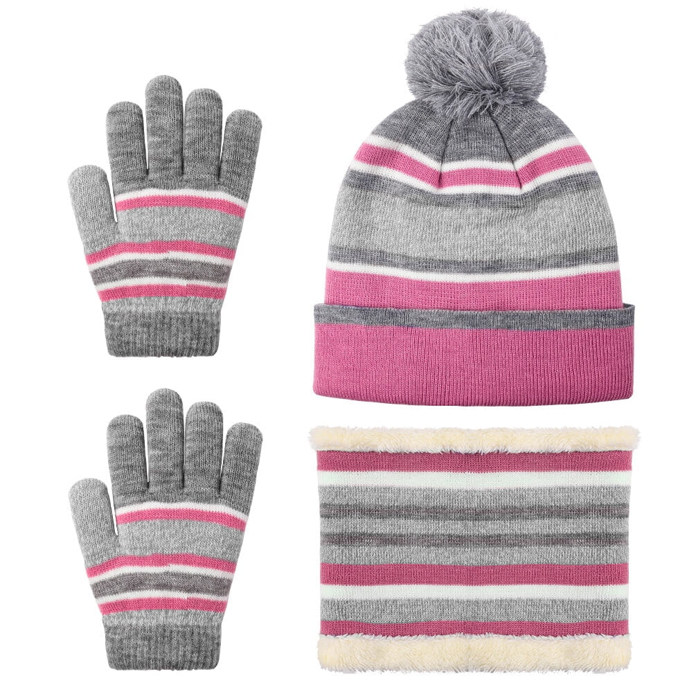 3 Pieces Kids Winter Hat Winter Scarf Winter Gloves Set, Knit Beanie Hat Scarf Gloves Set for Boys Girls, Winter Warm Knitted Set with Fleece Lining for Autumn, Winter, Pink