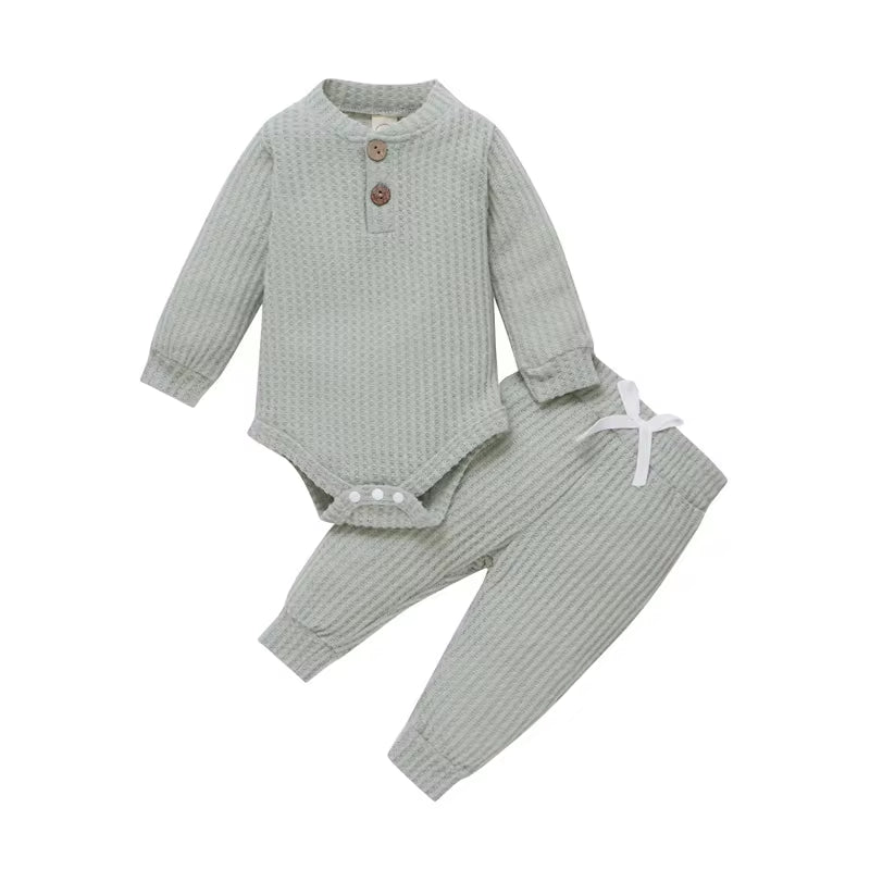 Solid Color Newborn Baby Knitted Warm 2Pcs Suit Toddler Girl Boy Long Sleeve Romper Tops Pants Fall Winter Homewear 2021